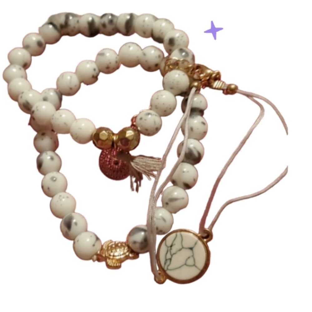New 3 pc beaded fashion set, grey marble effect, Mandela, turtle, circle